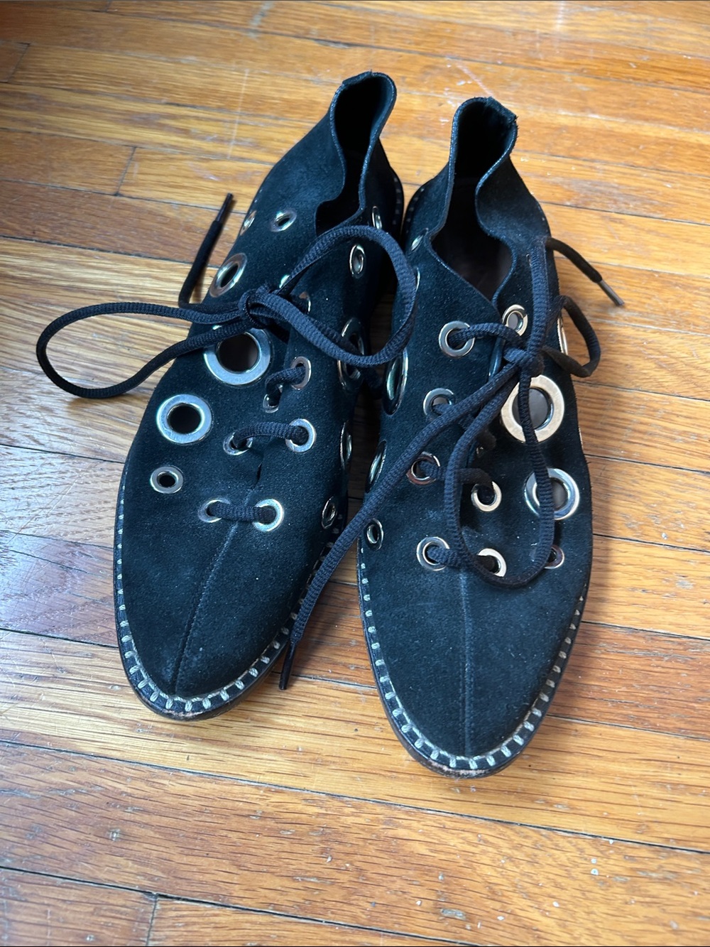 Proenza Schouler Black Suede Lace-Up Oxfords with Silver Eyelets